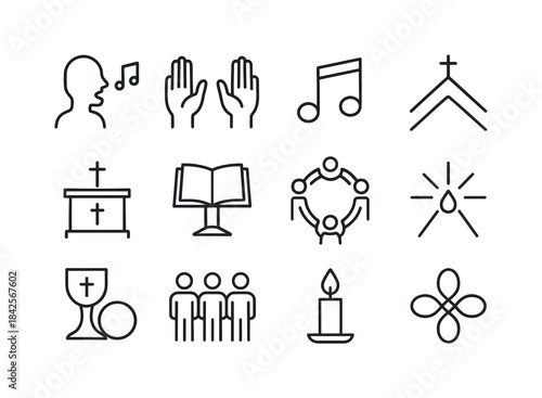 Christian Icon Set. Christian worship. Line icon set of Christia