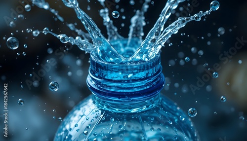 Vibrant blue water erupting from a plastic bottle, creating a dynamic splash with countless glistening droplets against a dark background. 2 liter bottle