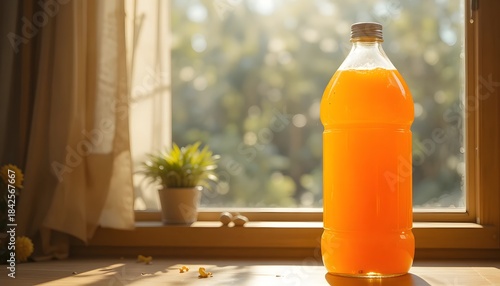 Refreshing orange juice bottle gleaming in warm sunlight on a wooden windowsill. 2 liter bottle