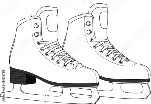 Pair of white figure ice skates decorated with blue snowflakes against a light blue background
