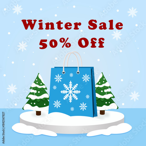Illustration of a winter sale, shopping, snowflakes 