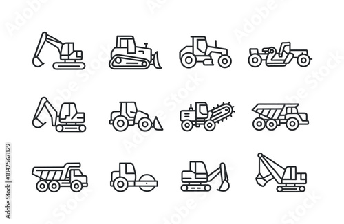 Earthmoving Machines Icons. Earthmoving Machines. Line icon set