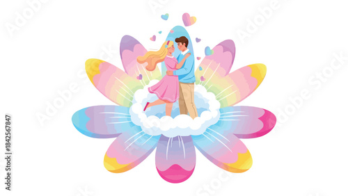 Love's Bloom: A couple embraces within a vibrant, multi-colored flower, surrounded by hearts. This illustration captures the essence of love and romance