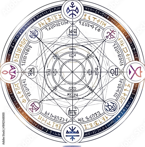 Intricate magical summoning circle diagram with ancient runes and geometric patterns on white background