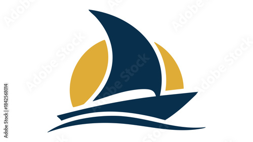 A stylized sailboat sailing on blue waves with a golden yellow sun behind it