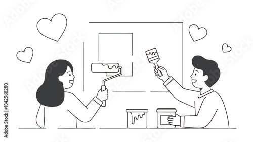 Home Improvement Harmony: An endearing couple paints a wall together, their combined effort reflecting a shared vision of love and home improvement.