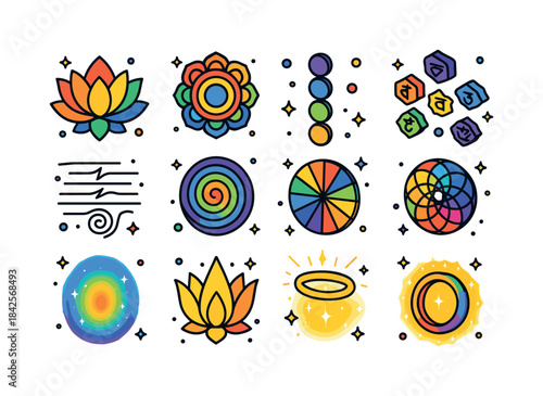 Vibrant Chakra Icons. chakra symbols. Colorful isometric vector