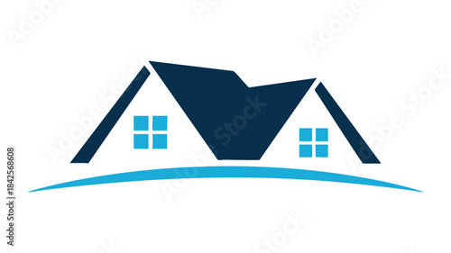 Minimalist dark blue house logo with light blue windows and a curved base on a white background