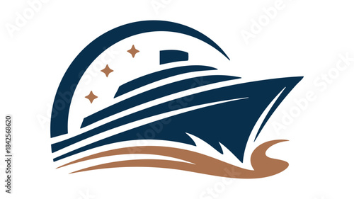 Stylized cruise ship logo design with stars and waves in a modern blue and brown color palette