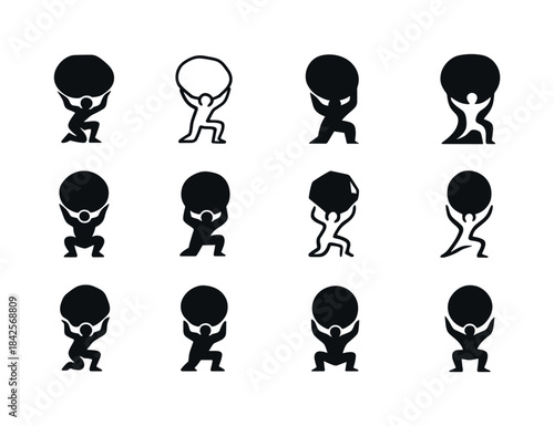 Boulder Lifting Icons. Person lifting a giant boulder. Icon set.