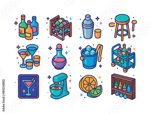 Home Bar Icons. Home Bar. Colorful isometric vector icons set of