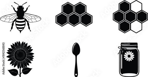 Bee and honey icon set featuring honeycombs, sunflower, spoon, and jar designs, perfect for branding, labels, packaging, and natural product graphics