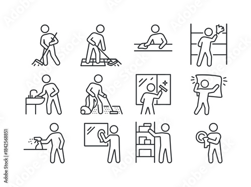 Home Cleaning Icons. Home cleaning actions. Line icon set of hom