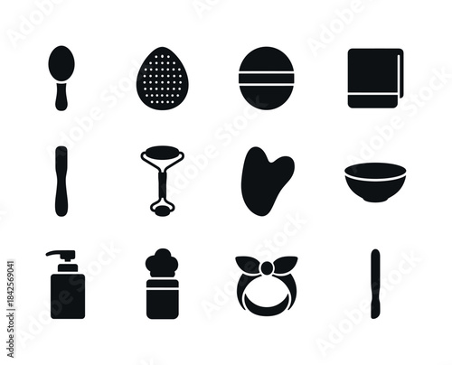 Face Care Tools Icons. Face care tools. Solid icon set of face c
