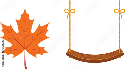 Autumn maple leaf and wooden swing illustration set