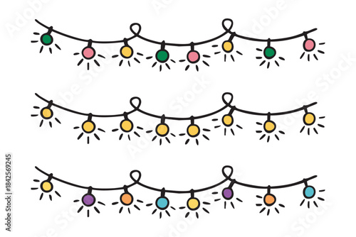 Hanging garlands with colorful party lights clipart set, festive decoration collection, hand drawn.