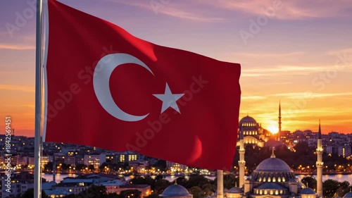 Turkey flag flies high above a cityscape with mosque and dome at sunset. National symbol of republic.