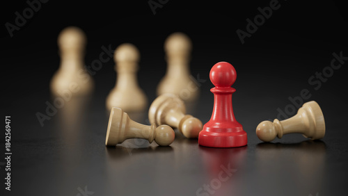 Solo Red Pawn Standing Amid Fallen and Blurred Beige Pawns: Symbolizing Resilience on black Backdrop