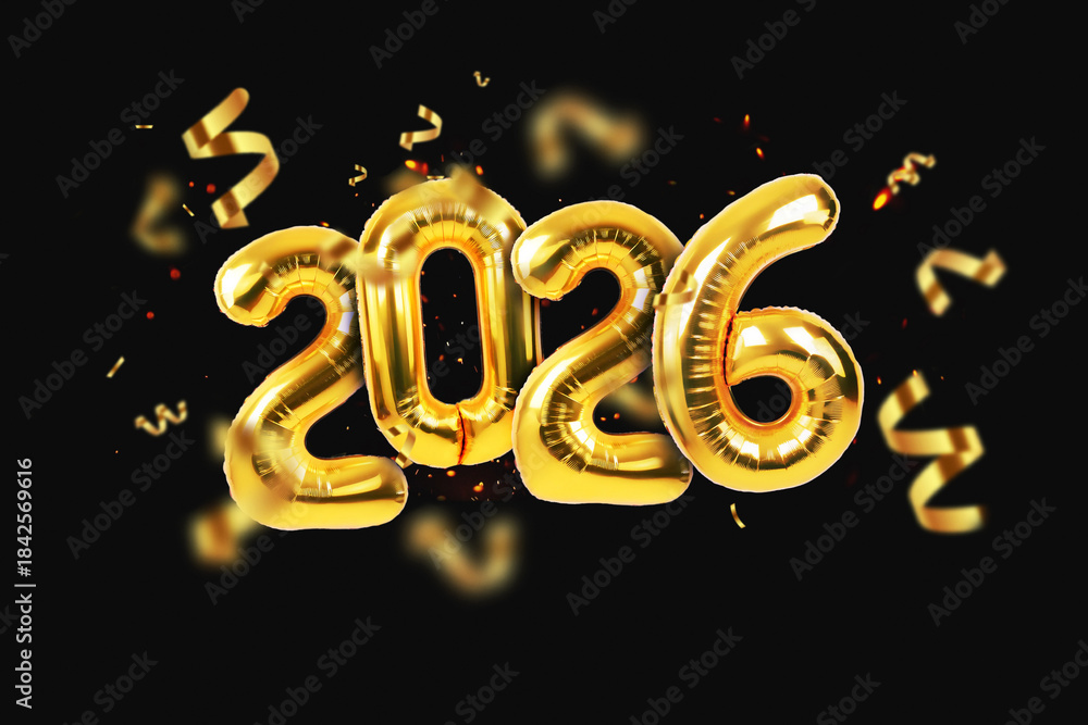 Fototapeta premium Golden balloons 2026 New Year with sparks and gold confetti hover on black background. Happy New Year 2026 card. Luxury celebration. Winter Holidays