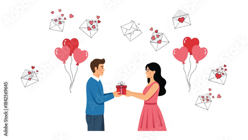 A Gift of Affection: A romantic scene unfolds as a couple exchanges gifts. Delicate hearts and heartfelt messages of love float in the air, captured in a moment of tender intimacy. 