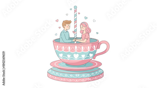 Sweetheart Tea Cup: A whimsical illustration of a couple sharing an intimate moment seated in a teacup, a scene filled with love and affection.