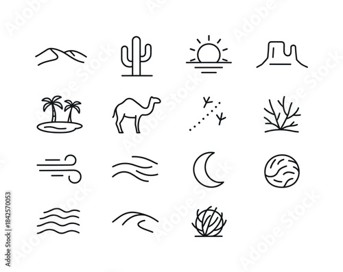Desert Icon Set. Desert. Line icon set of Desert: sand dunes, ca