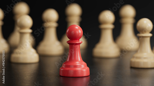 Red Pawn��s Solo Stance Among Beige Chess Pieces: Symbolizing Individuality on Vibrant black Background