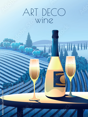 A bottle of champagne and two glasses on a table with a classical winery italian landscape in the background. Art Deco poster invitation concept. Handmade drawing vector illustration.