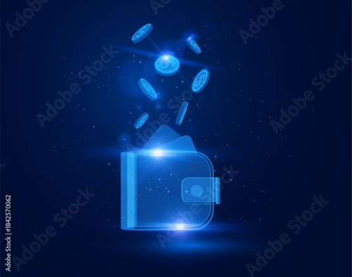 Digital wallet icon with falling dollar coins, neon blue light, glow effect.