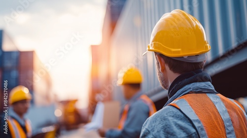 Industrial worker wearing safety vest supervising container operations