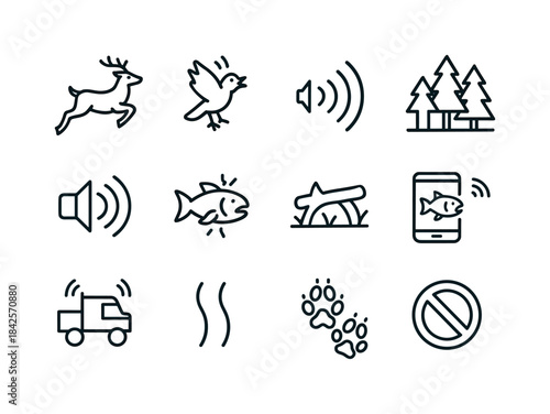 Wildlife Disturbance Icons. Wildlife disturbance. Line icon set