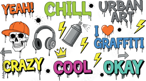 Urban Graffiti Elements – Colorful Street Art Icons and Dripping Text in Cartoon Style