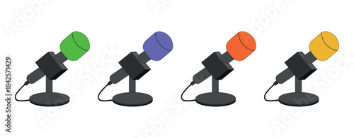 A set of interview microphones on a stand. Studio equipment, sound. Isolated vector illustration on a white background.