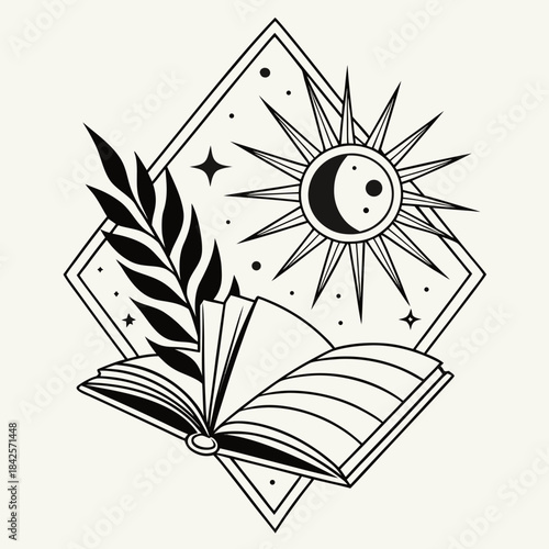 Celestial sun moon and stars with open book and laurel branch