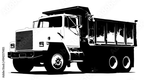 Heavy Duty Dump Truck Black and White Graphic Illustration for Construction and Material Transport Projects