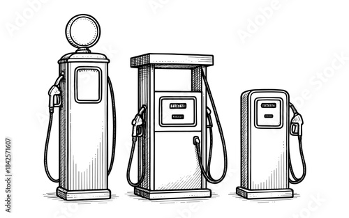 Vintage gas pumps in hand-drawn style depicting retro fuel dispensers