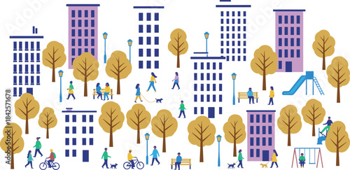 Urban Park Scene – Cartoon People in City Landscape with Trees, Buildings, and Outdoor Activities
