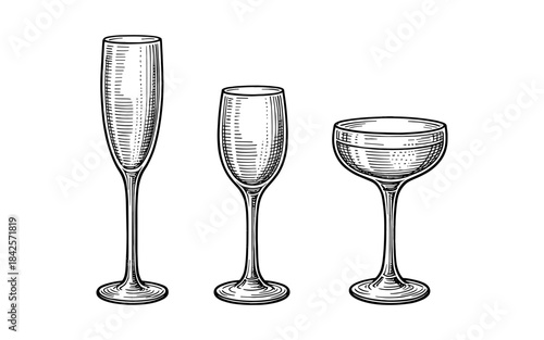 Elegant set of vintage champagne glasses in detailed black and white style
