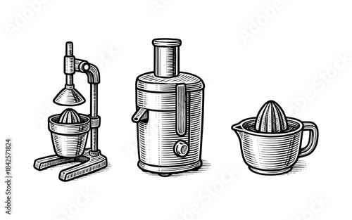 Vintage juicer set: hand drawn citrus press and juice maker collection