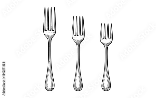 Set of three vintage forks in engraved style on white background