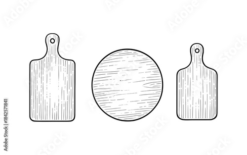 Hand drawn wooden cutting boards on white background
