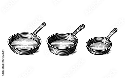 Hand-drawn vintage saucepan set in engraved style for culinary design