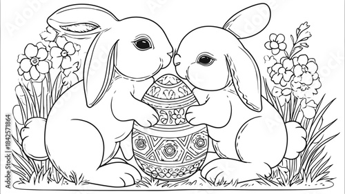 Adorable Easter bunnies holding a decorative egg in a spring meadow, detailed line art for coloring book activity.