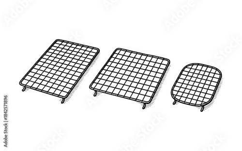 Set of three grill grates in black wireframe style on white background