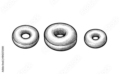 Hand drawn donut set in vintage style - three assorted detailed sketches