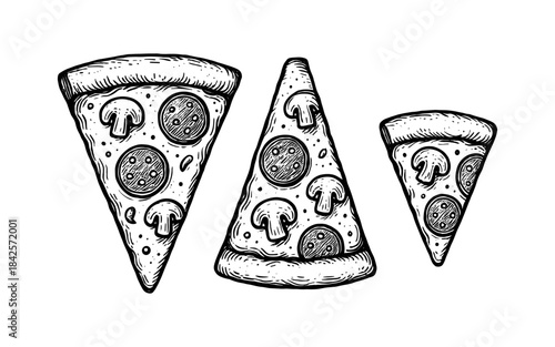 Hand drawn black and white pizza slices with mushrooms and pepperoni