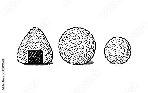 Hand drawn rice balls assortment: onigiri, large rice ball, small rice ball
