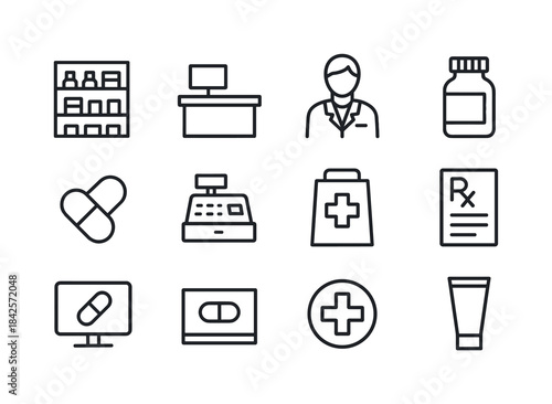 Drugstore Line Icons. Drugstore interior. Line icon set of drugs
