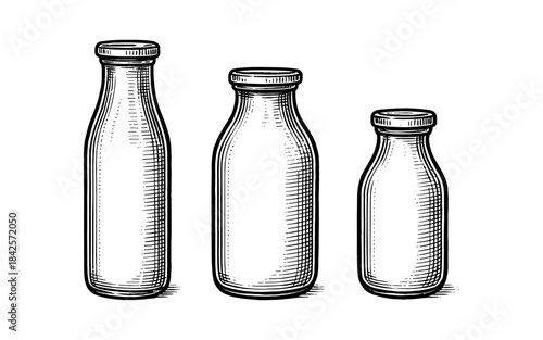 Vintage hand drawn milk bottles collection on white background