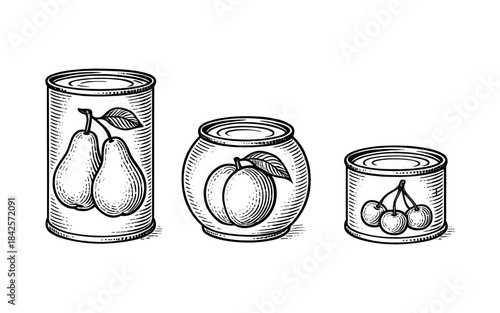 Hand drawn canned fruit jars with pears, peaches, and cherries